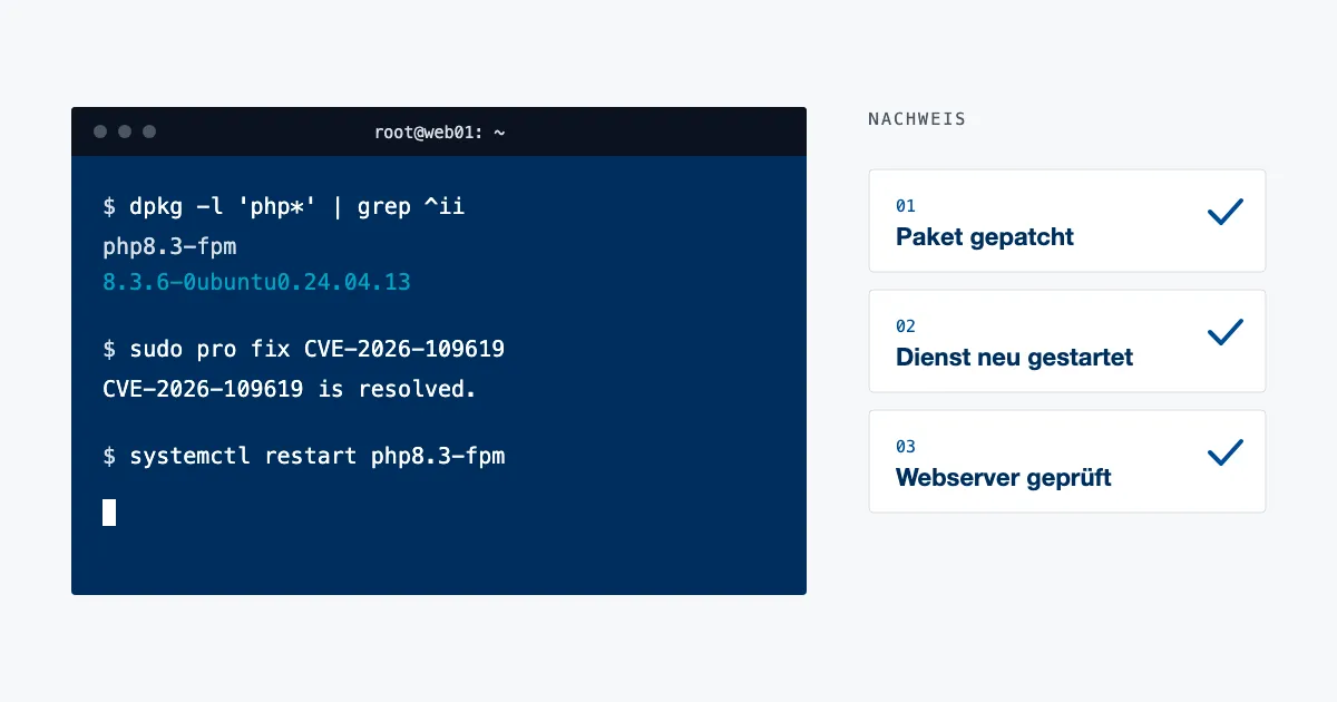 Terminalfenster mit der Paketversion 8.3.6-0ubuntu0.24.04.13 und drei abgehakten Prüfschritten: Paket gepatcht, Dienst neu gestartet, Webserver geprüft