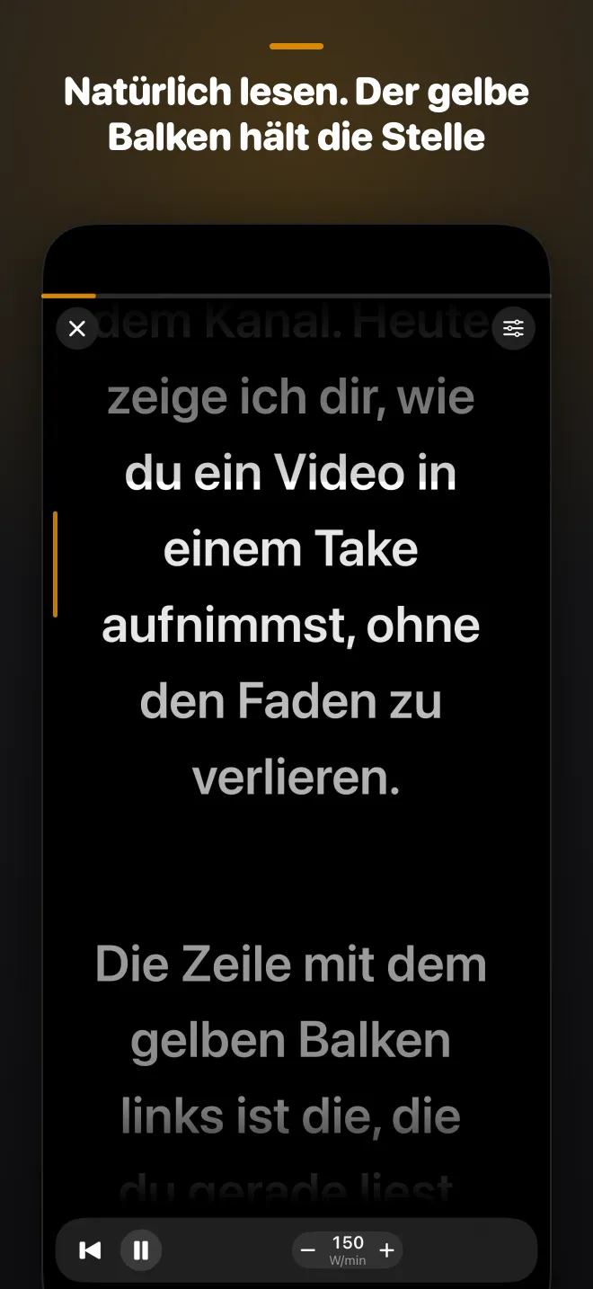 SiniPrompt Prompter: die aktuelle Zeile ist mit einem gelben Balken markiert